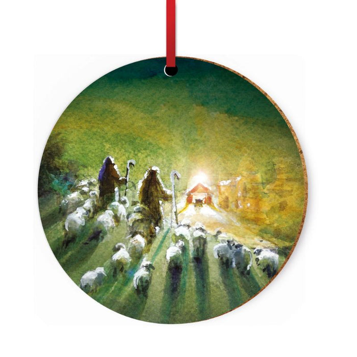 Shepherds At The Stable, Ceramic Christmas Decoration 10cm / 4 Inches Diameter