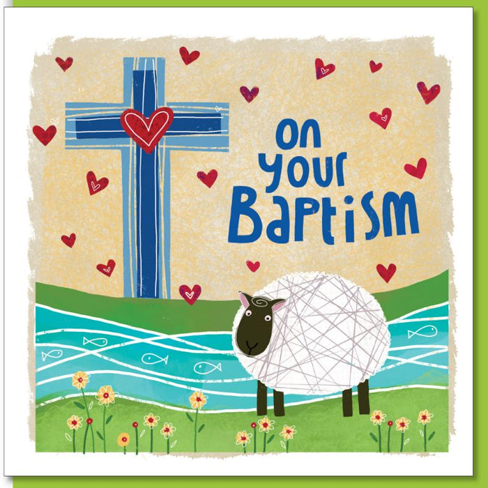 On Your Baptism, Greetings Card Cross & Sheep Design With Bible Verse Inside Acts 2:38