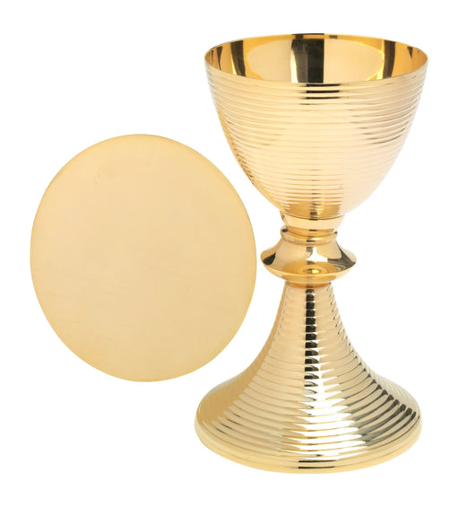 Church Supplies, Chalice and Paten Gold Plated Contemporary Ribbed Design 21cm high, Chalice holds 14fl oz