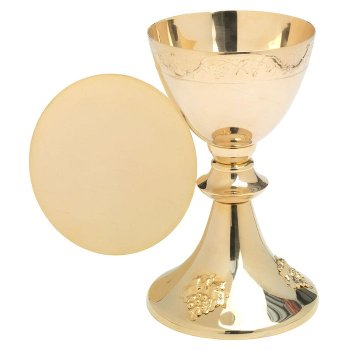Church Chalice and Paten Gold Plated Wheatsheaf & Grape Design 19.5cm high, Chalice Holds 12fl oz