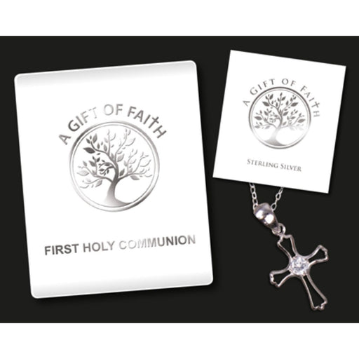 First Holy Communion Catholic Gifts, A Gift Of Faith Sterling Silver Open Cross with Crystal Stone