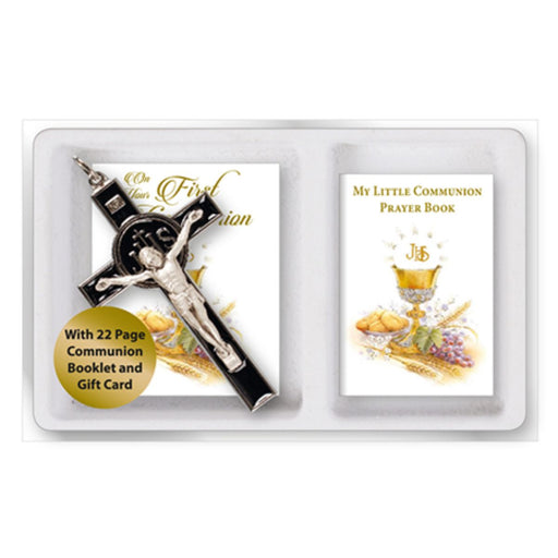 Catholic First Holy Communion Gifts, Black Enamelled Inlaid Crucifix 7.5cm High, With My Little Communion Prayer Book