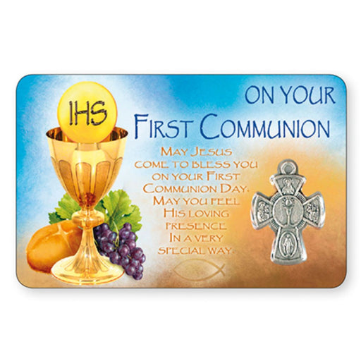 First Holy Communion, Laminated Prayer Card With Metal Cross Medal