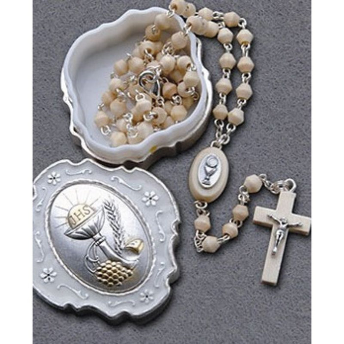 First Holy Communion Catholic Gifts, First Holy Communion Olive Wood Rosary, With Enamelled Metal Presentation Box