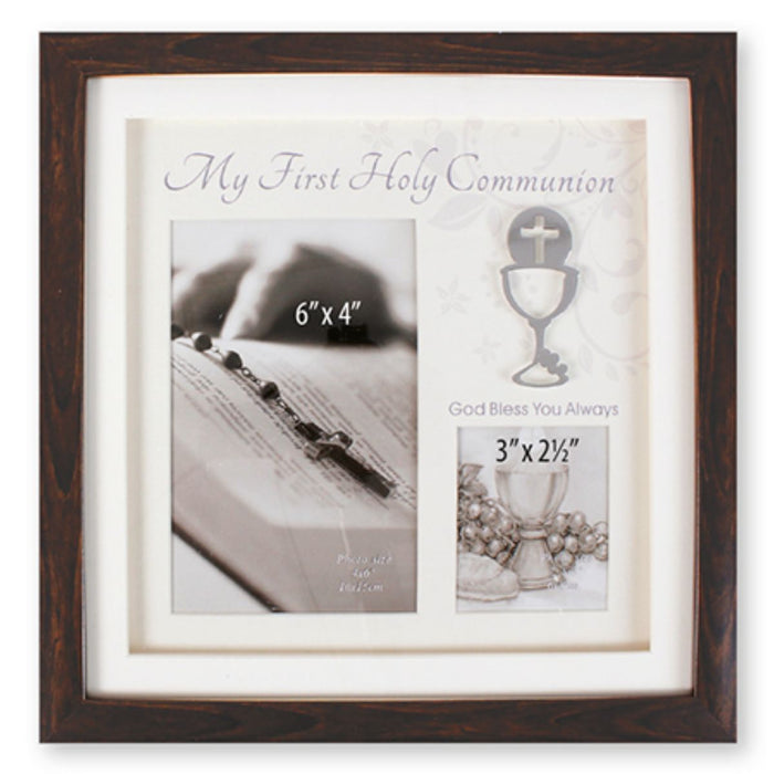 First Holy Communion Catholic Gifts, My First Holy Communion, Wood Box Style Photo Frame With 3D Metal Chalice Motif Size: 26.5 x 26.5cm