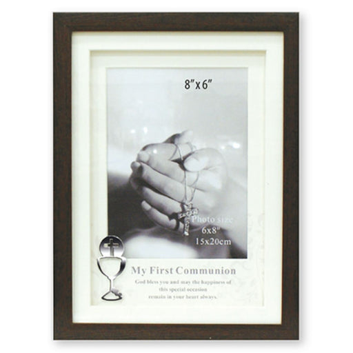 First Holy Communion Catholic Gifts, My First Holy Communion, Dark Wood Effect Box Style Photo Frame With 3D Metal Chalice Motif Size: 27.5 x 35cm