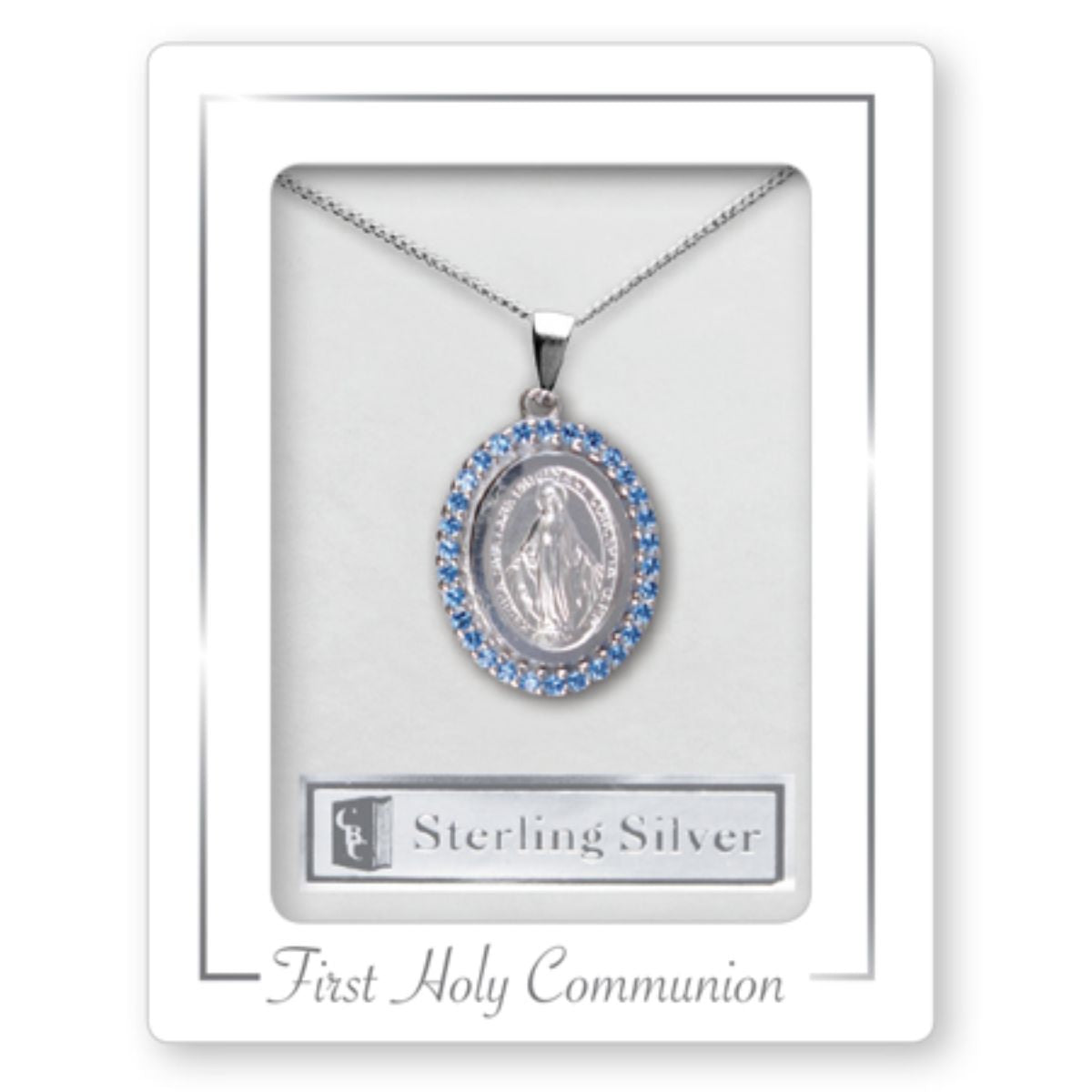First Communion Chains First Holy Communion, Sterling Silver Blue Crystal Stone Miraculous ...