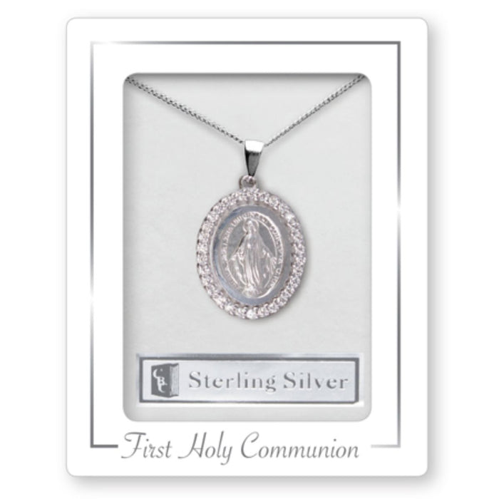 First Holy Communion Catholic Gifts,Sterling Silver Crystal Stone Miraculous Medal & Chain