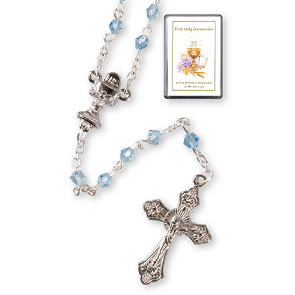 First Holy Communion Rosary, 5mm Blue Glass Beads In a Clear Presentation Box