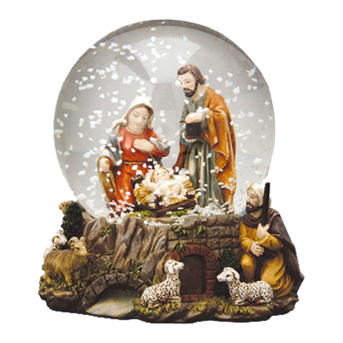 Holy Family Nativity Snow Globe, Shepherd & Sheep Base 10cm / 4 Inches High
