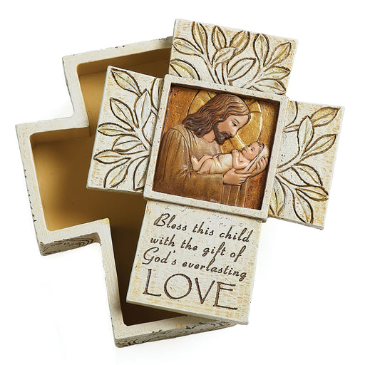 Jesus love me, cross keepsake prayer box. A wonderfully crafted and detailed sentiment box which would be suitable for any occasion. Made from a durable resin stone mix. Message on the box "Bless this child with the gift of God's everlasting love"