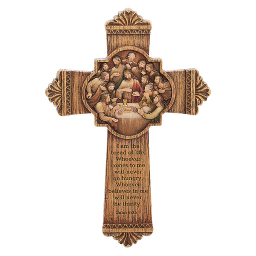 Last Supper, Wood Carves Effect Wall Cross 26cm - 10 Inches High Resin Cast With Engraved Bible Verse John 6:35