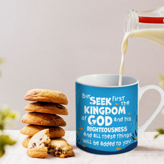 But Seek first the kingdom of God, Gift Boxed Bone China Mug With Bible Verse Matthew 6:33 Size 9cm / 3.5 Inches High