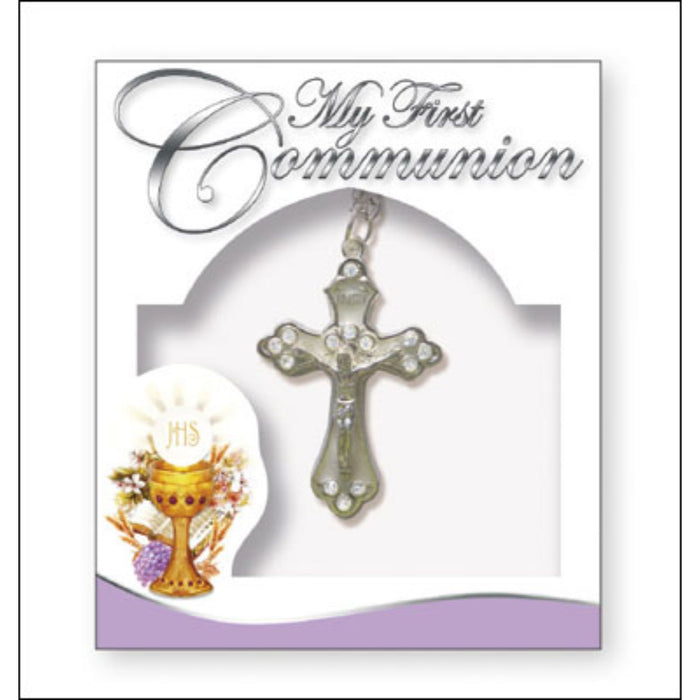First Holy Communion Catholic Gifts,My First Communion, Metal Crucifix Inset With Blue Stones Complete With 18 Inch Length Chain