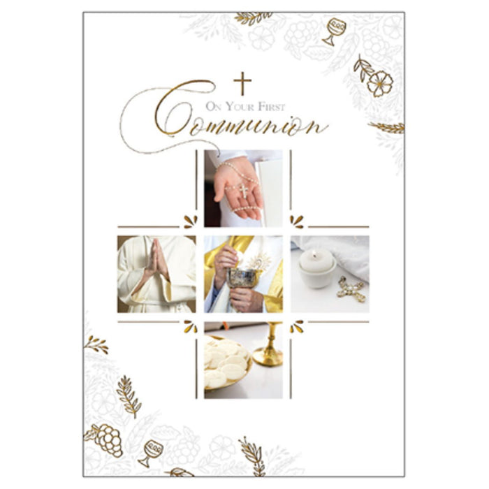 Catholic First Holy Communion Gifts, On Your First Communion Greetings Card, Cross Design With Prayer Inside