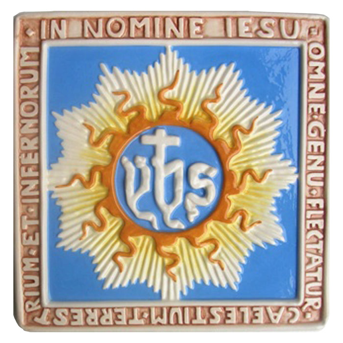 In the Name of Jesus, Della Robbia Ceramic Plaque 19cm x 19cm - 7 1/2'' x 7 1/2'' Ceramic Pottery