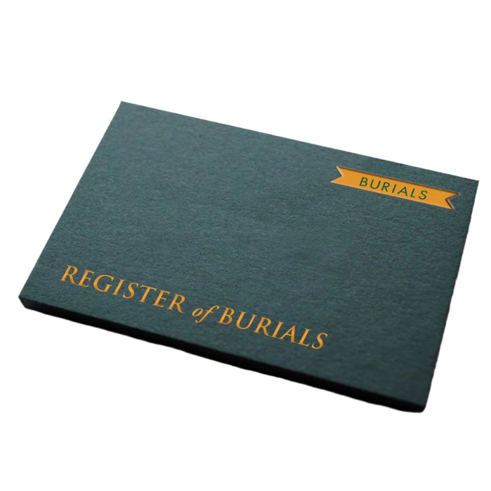 Green book titled 'Register of Burials' with a yellow banner on a white background