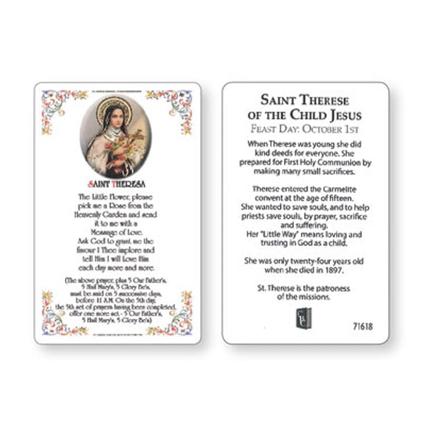 St Therese Of The Child Jesus, Laminated Prayer Card