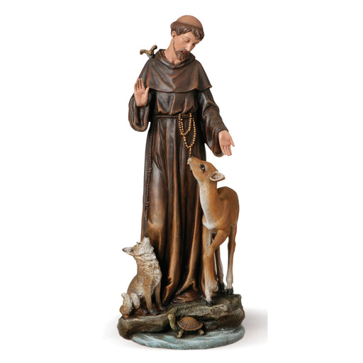 Saint Francis of Assisi statue standing with a fox, a deer (doe), a bird and a turtle. St. Francis is the patron saint of animals. 