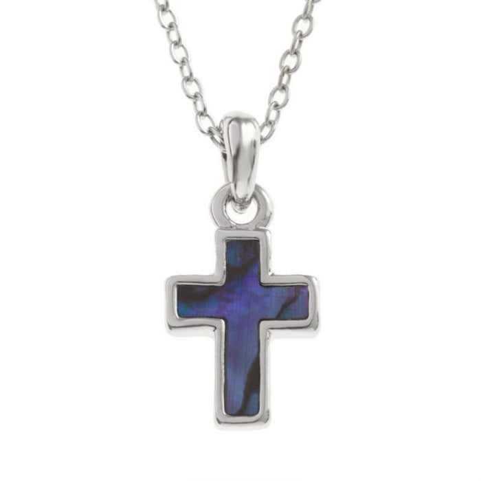 Inlaid Purple Paua Shell Cross Pendant, 15mm In Length with an adjustable 18 to 20 Inch length chain
