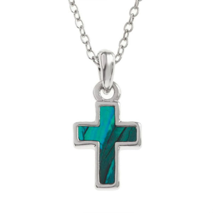 Inlaid Blue Paua Shell Cross Pendant, 15mm In Length with an adjustable 18 to 20 Inch length chain
