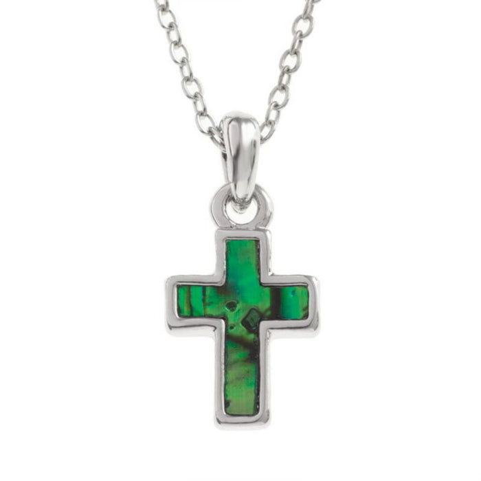 Inlaid Green Paua Shell Cross Pendant, 15mm In Length with an adjustable 18 to 20 Inch length chain