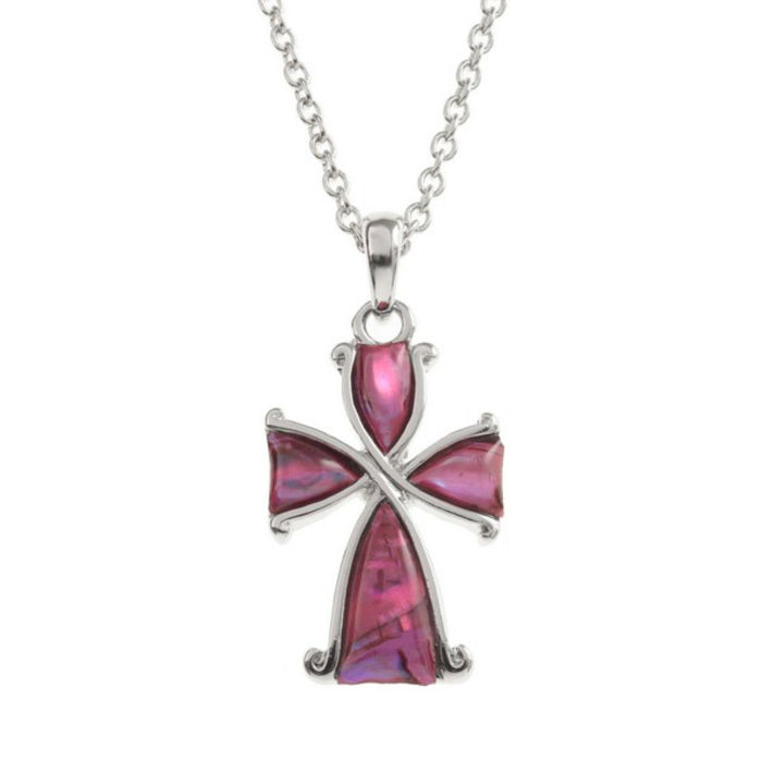 Inlaid Pink Paua Shell Decorative Cross Pendant, 28mm In Length complete with 20 Inch length chain