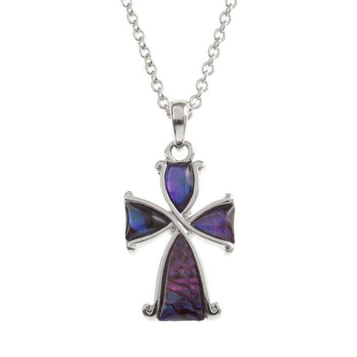 Inlaid Purple Paua Shell Decorative Cross, 28mm In Length complete with 20 Inch length chain