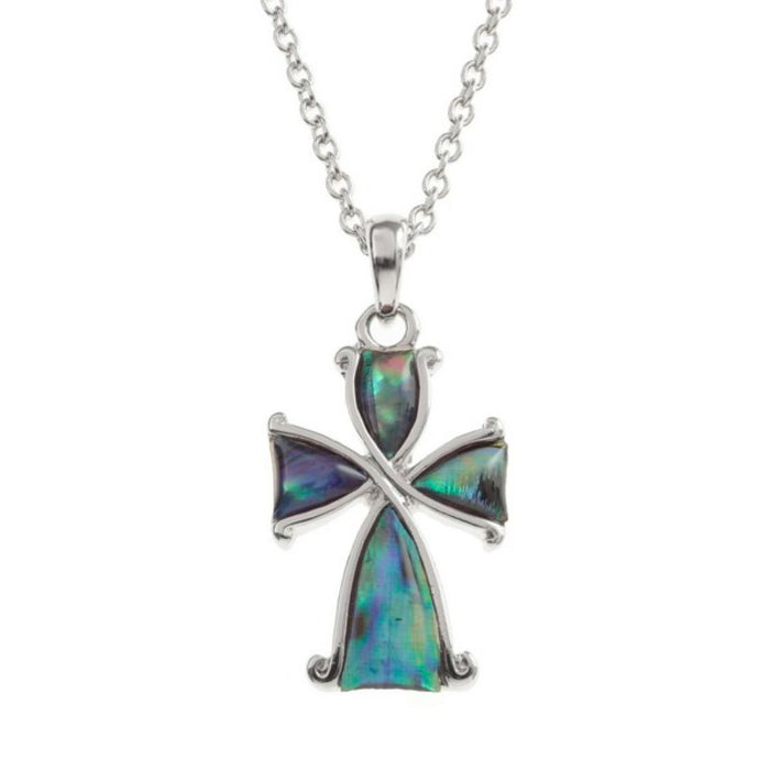 Inlaid Blue Paua Shell Decorative Cross Pendant, 28mm In Length complete with 20 Inch length chain