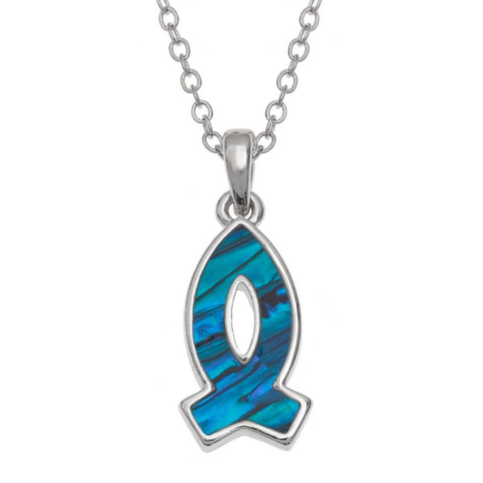 Christian Fish Ichthys Design Pendant, With Inlaid Blue Paua Shell 19mm In Length complete with 18 Inch length chain