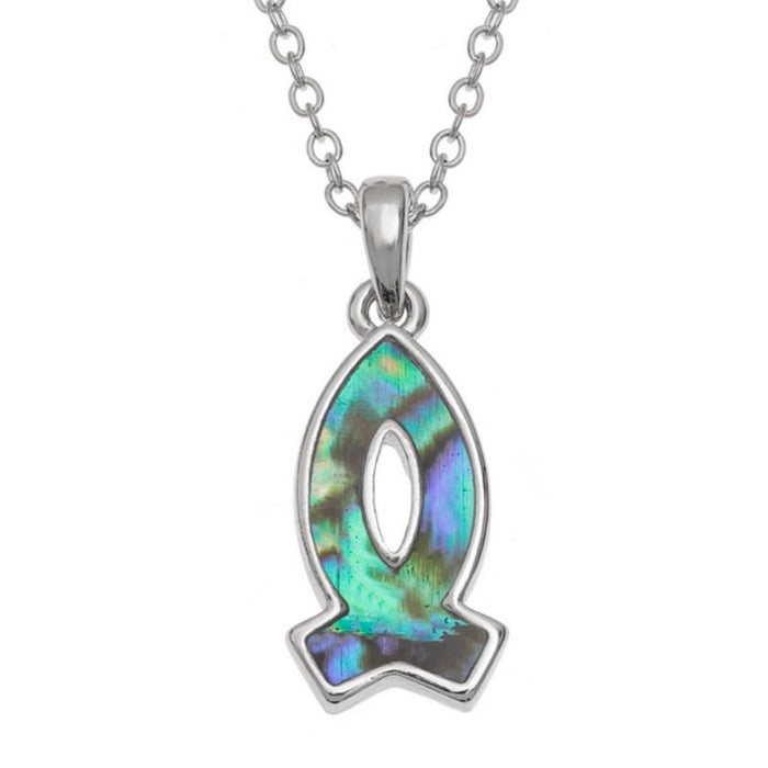 Christian Fish Ichthys Design Pendant, With Inlaid Paua Shell 19mm In Length complete with 18 Inch length chain