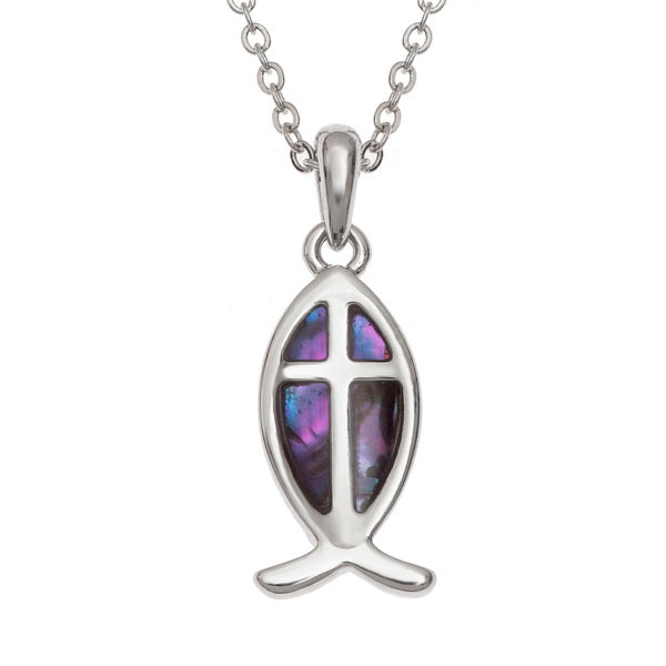 Christian Fish Ichthys and Inset Cross Design Pendant, With Inlaid Purple Paua Shell 19mm In Length complete with 18 Inch length chain