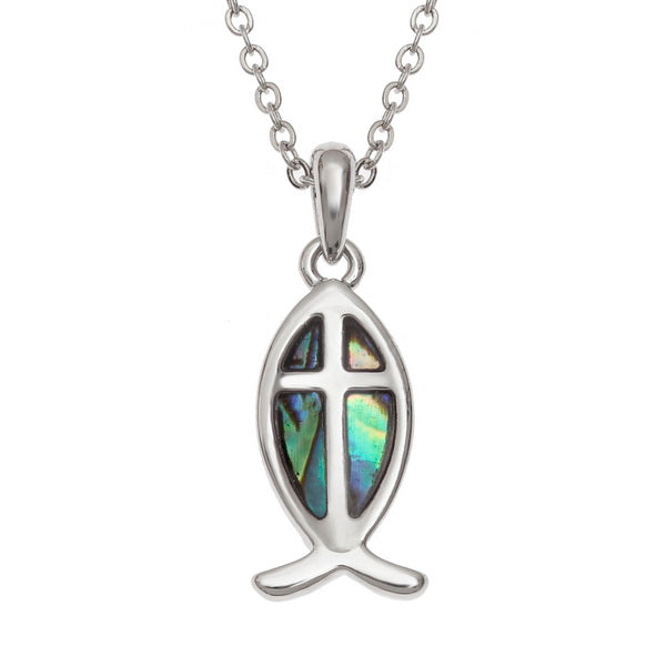 Christian Fish Ichthys and Inset Cross Design Pendant, With Inlaid Paua Shell 19mm In Length complete with 18 Inch length chain