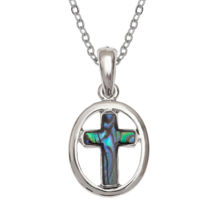 Inlaid Paua Shell Circled Cross Pendant, 18mm In Length with an adjustable 18 to 20 Inch length chain