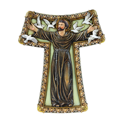 Statues Catholic Saints, St Francis of Assisi Tau Cross 9 Inches High