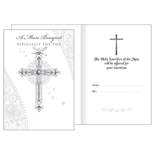 Catholic Mass Cards, A Mass Bouquet Especially For You Greetings Card, Hand Crafted 3D Cross Design Set With Glass Stones
