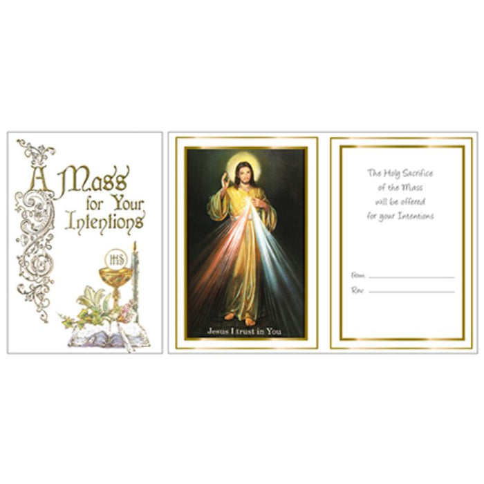 Catholic Mass Cards, A Mass For Your Intentions Greetings Card, Gold Foil Embossed Parchment Insert With Divine Mercy Image