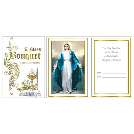 Catholic Mass Cards, A Mass For Your Intentions Greetings Card, Gold Foil Embossed Parchment Insert With Miraculous Image