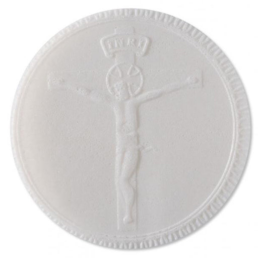 Communion Wafers, Priest's Altar Bread With Sealed Edge, Quantity 50 Crucifix Design 2 1/2 Inches Diameter