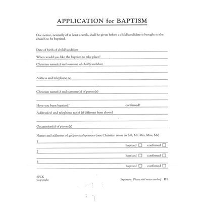 Application for Baptism - Form B1, Pack of 50
