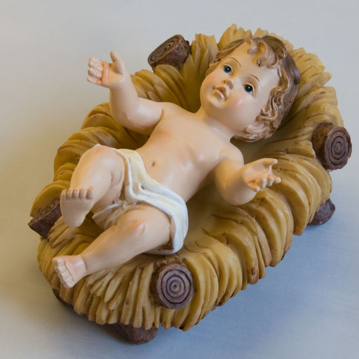 Baby Jesus In The Manger, Crib Length 11cm / 4.25 Inches The Bambino Is Moveable. VERY LIMITED STOCK