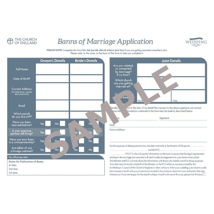 Banns of Marriage Form, Pack of 30 Size A4 Landscape Format