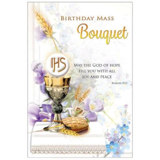 Catholic Mass Cards, Birthday Mass Bouquet Greetings Card, May The God Of Hope Fill You With All Joy & Peace