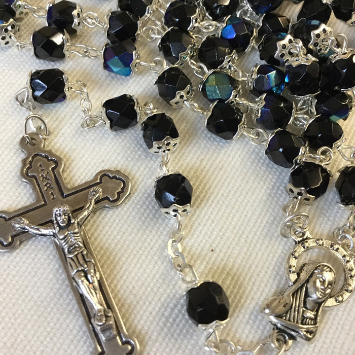 Black Glass Rosary, 5mm Capped Beads