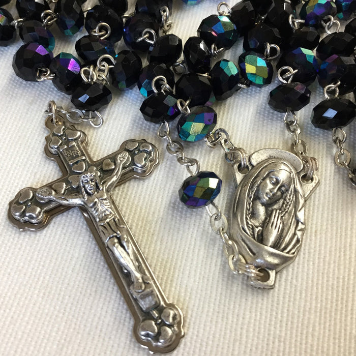 Black Glass Rosary With Tin Cut Beads, Bead Size 5mm x 8mm