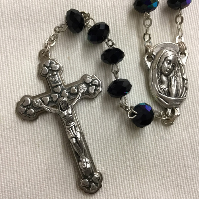 Black Glass Rosary With Tin Cut Beads, Bead Size 5mm x 8mm