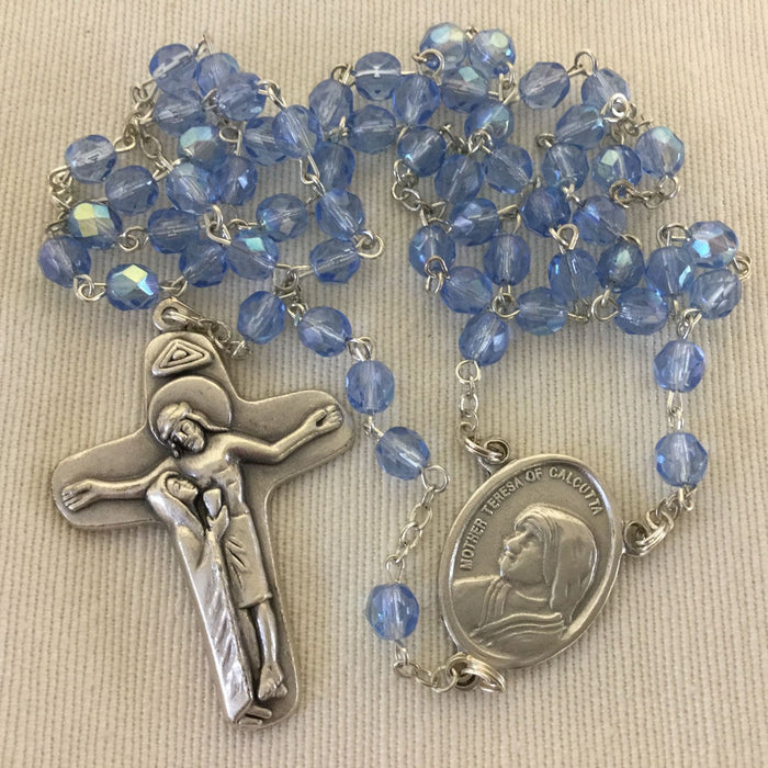 Blue Glass Mother Teresa Devotional Rosary Gift Boxed