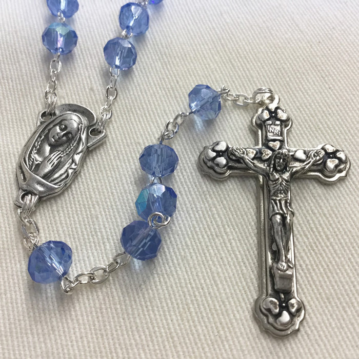 Blue Glass Rosary With Tin Cut Beads, Bead Size 5mm x 8mm