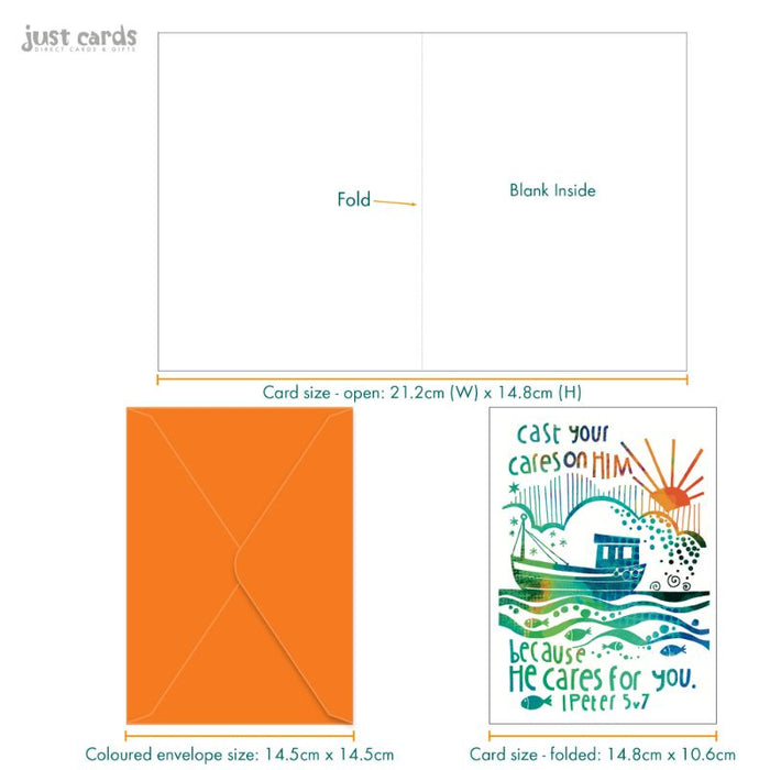 Cast Your Cares On Him Because He Cares For You, Greetings Card With Bible Verse 1 Peter 5:7