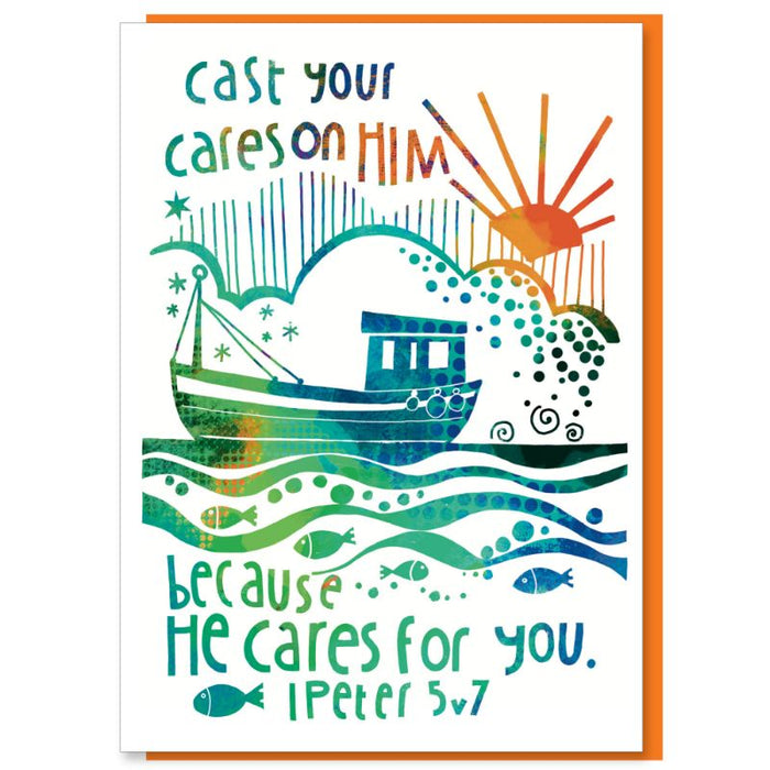 Cast Your Cares On Him Because He Cares For You, Greetings Card With Bible Verse 1 Peter 5:7
